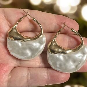 NWT - 14k Gold plated Pearl Baroque Boho Hoop Earrings